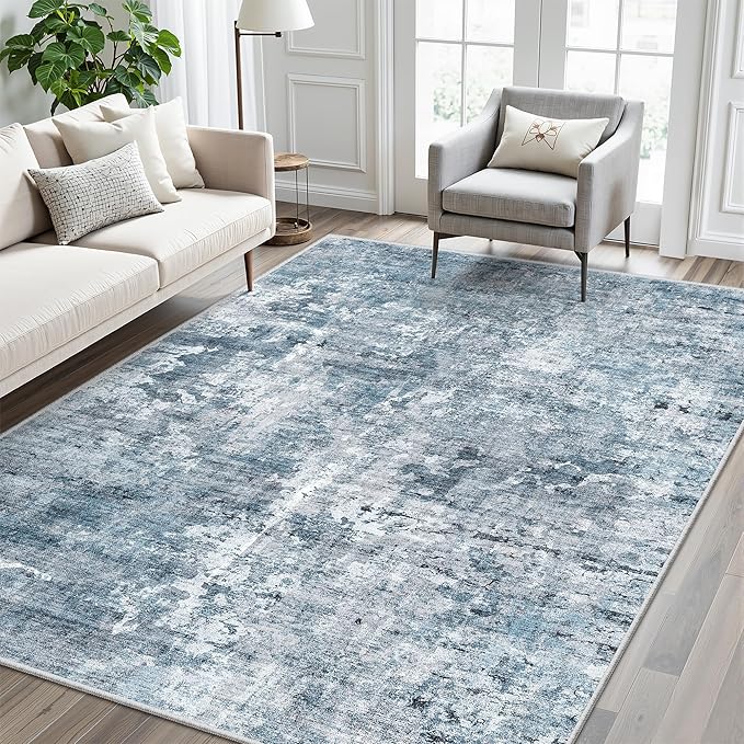5x8 Area Rugs Blue/Grey Low Pile Indoor Washable Trendy Faded Style Rugs - Image 2