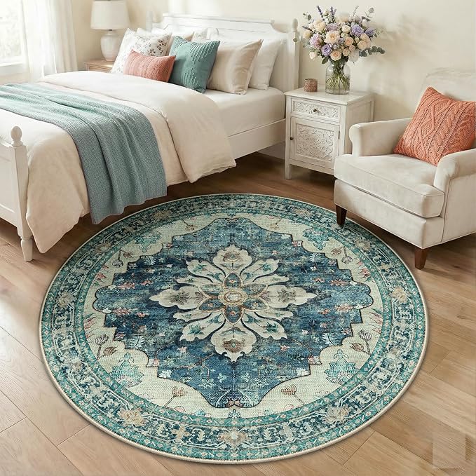 RELEANY Area Rugs 5ft Washable Non-Slip, Floral Vintage Distress Print Pattern by RELEANY