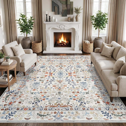 Area Rugs 8x10 Washable Non-Slip: Floral Vintage Rug for Living Room Beige