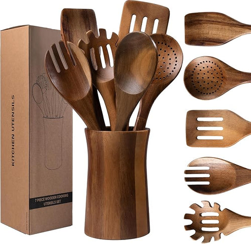 7 Piece Natural Acacia Wooden Kitchen Utensil Set by LEHAHA