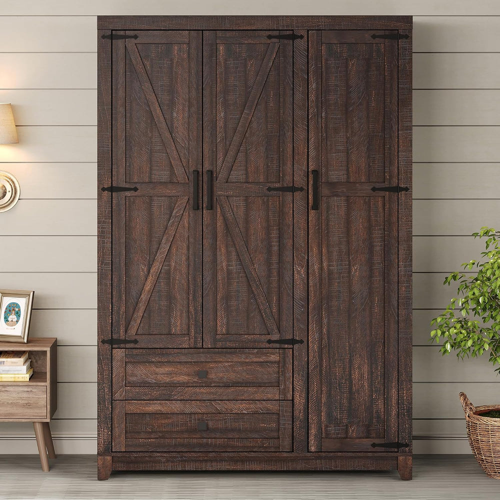 AMERLIFE Farmhouse 3 Door Wardrobe Closet with 2 Drawers & Hanging Rod