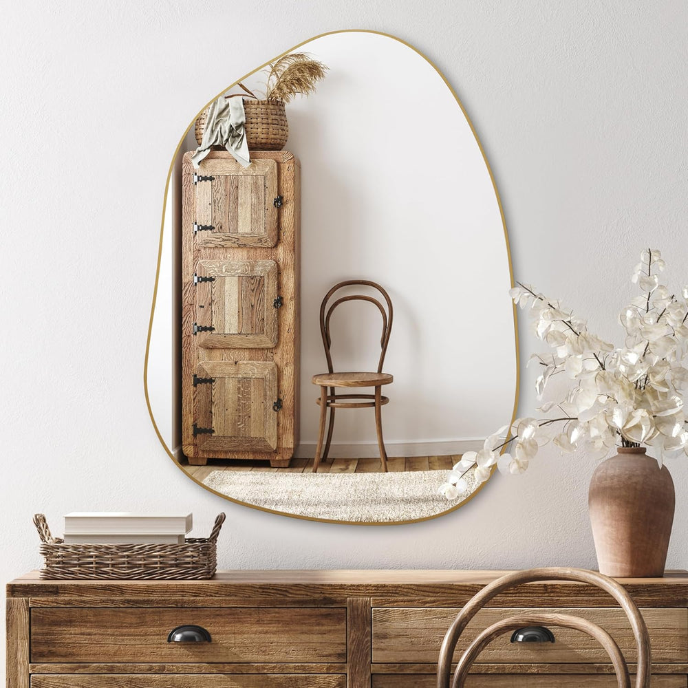 PERFNIQUE Irregular Asymmetrical Wall Mirror, 32"x24" Gold Bathroom...