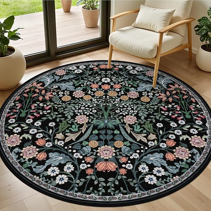 Round Area Rug for Living Room: 4 ft Floral Washable Circle Rug Soft Boho by PLHXFRSoftAreaRugs