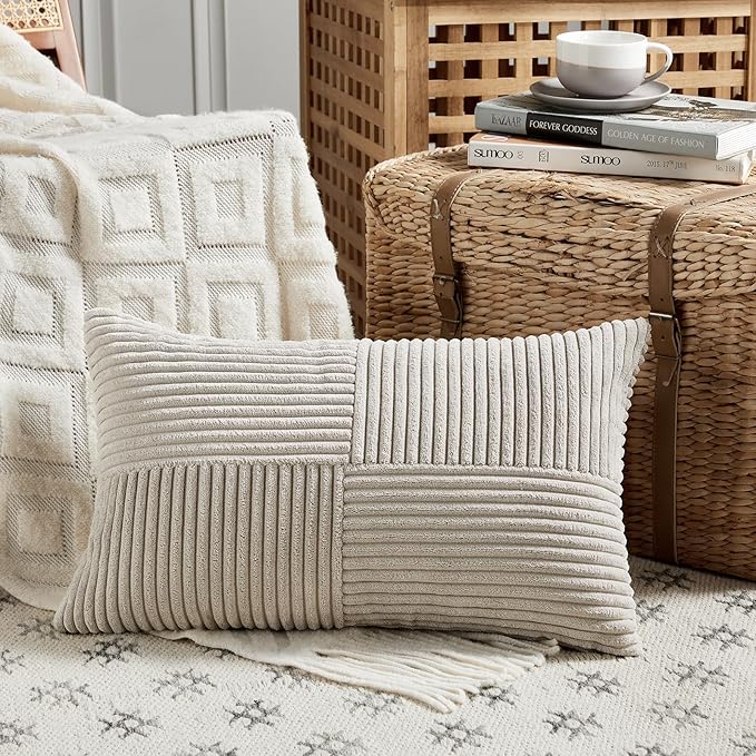 Fancy Homi 2 Packs Neutral Taupe Lumbar Decorative Throw Pillow Covers 16x32 - Image 2