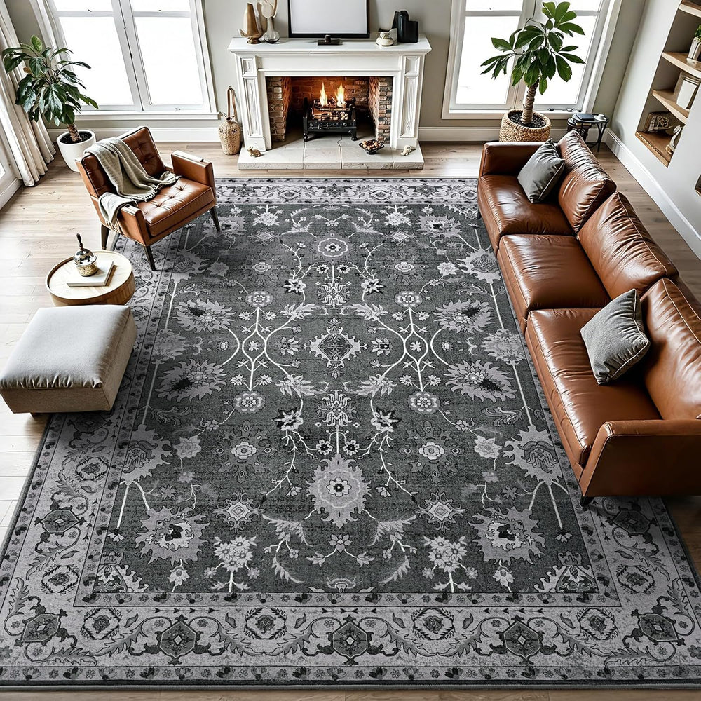 Hanples 9x12 Area Rugs for Living Room, Washable Rug Vintage Floral, Gray