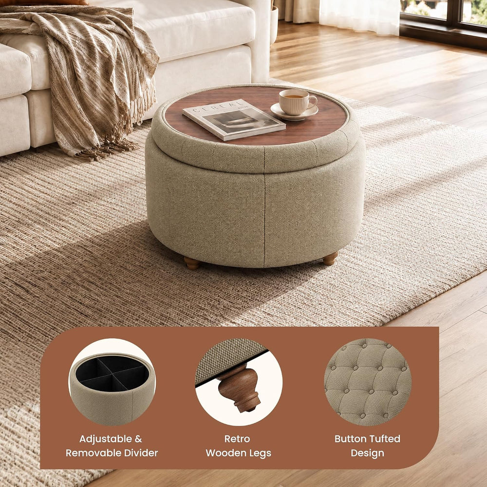 25" Round Ottoman with Storage, Small Coffee Table with Reversible Tray ...