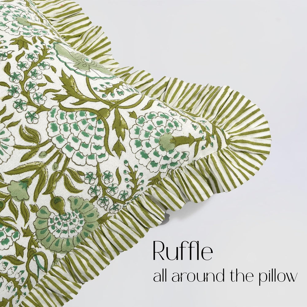CPC Agate Green Block Print Ruffle Sham Pillow Cover 14x36 Inch, Pack of 1