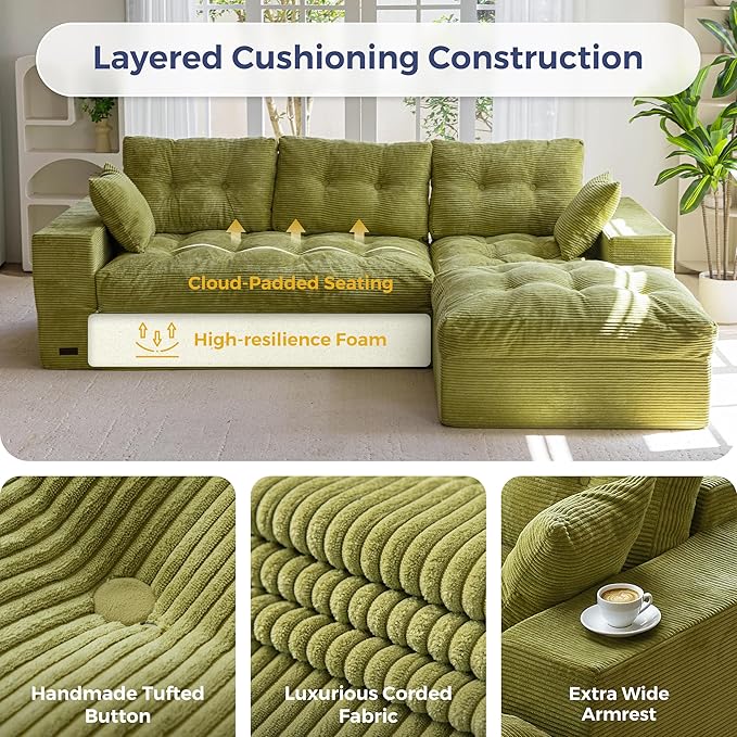MAXYOYO 104" L Shaped Modular Sectional Sofa with Ottoman, Cloud Boneles...