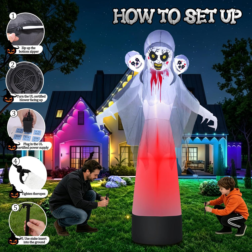 8.6FT Halloween Inflatable Grim Reaper Ghost with Skull Heads