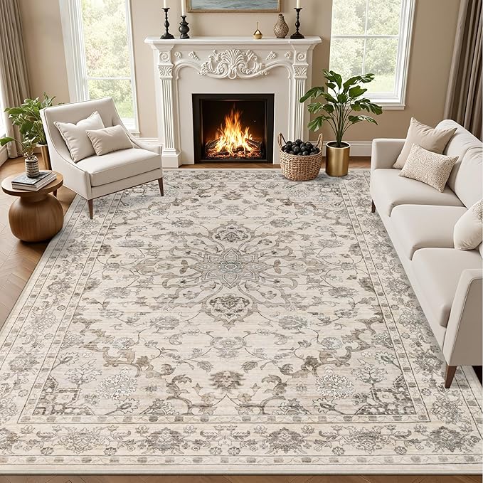8x10 Area Rugs for Living Room: Washable Rug Soft Vintage Distressed Floral by EXPEDIX