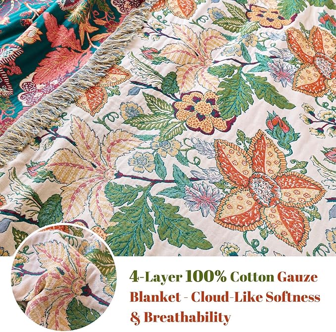 MSGKV Boho Throw Blanket for Couch Chair 100% Cotton Embroidery Floral Blanket - Image 4