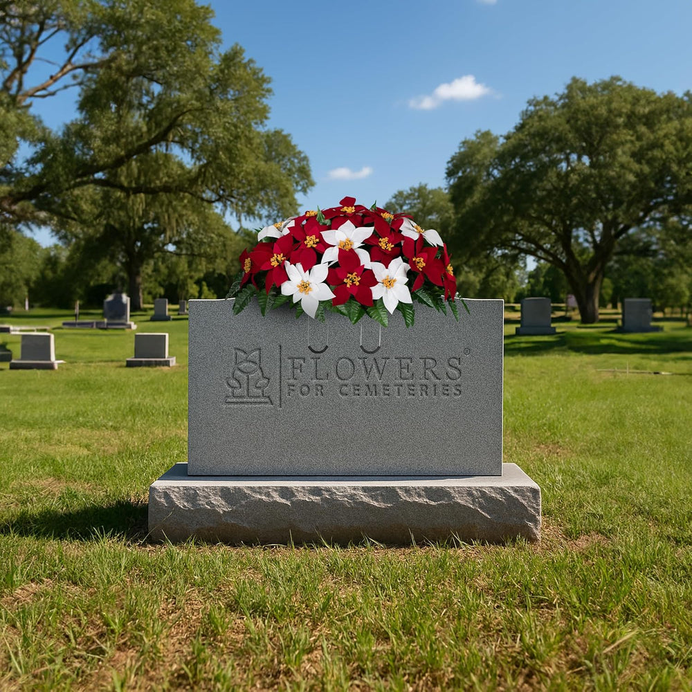 Sympathy Silks 30-Inch Christmas Headstone Saddle, Red & White Poinsettias