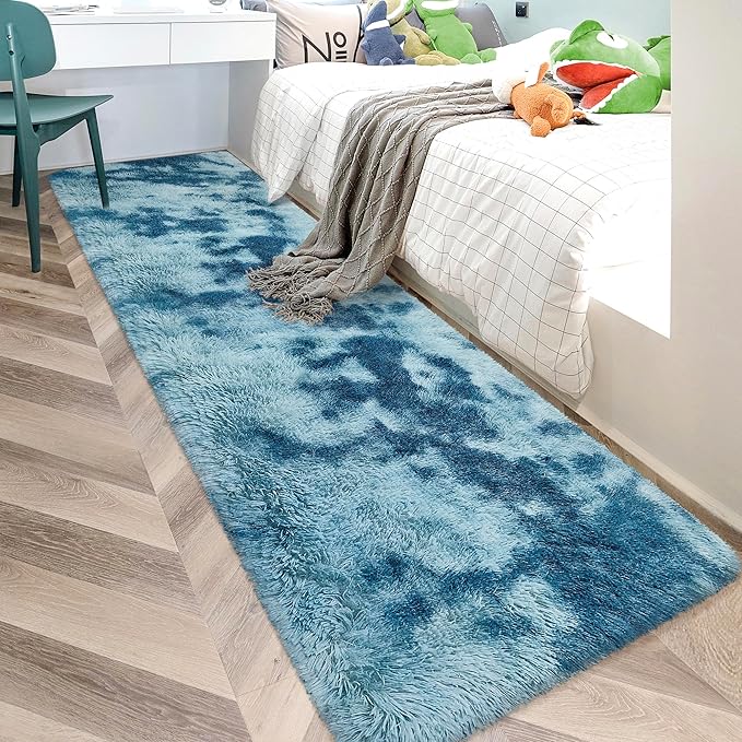Super Soft Fluffy Living Room Area Rug 2x10 ft Tie-Dyed Light Blue Shaggy Furry by JiaoBaba