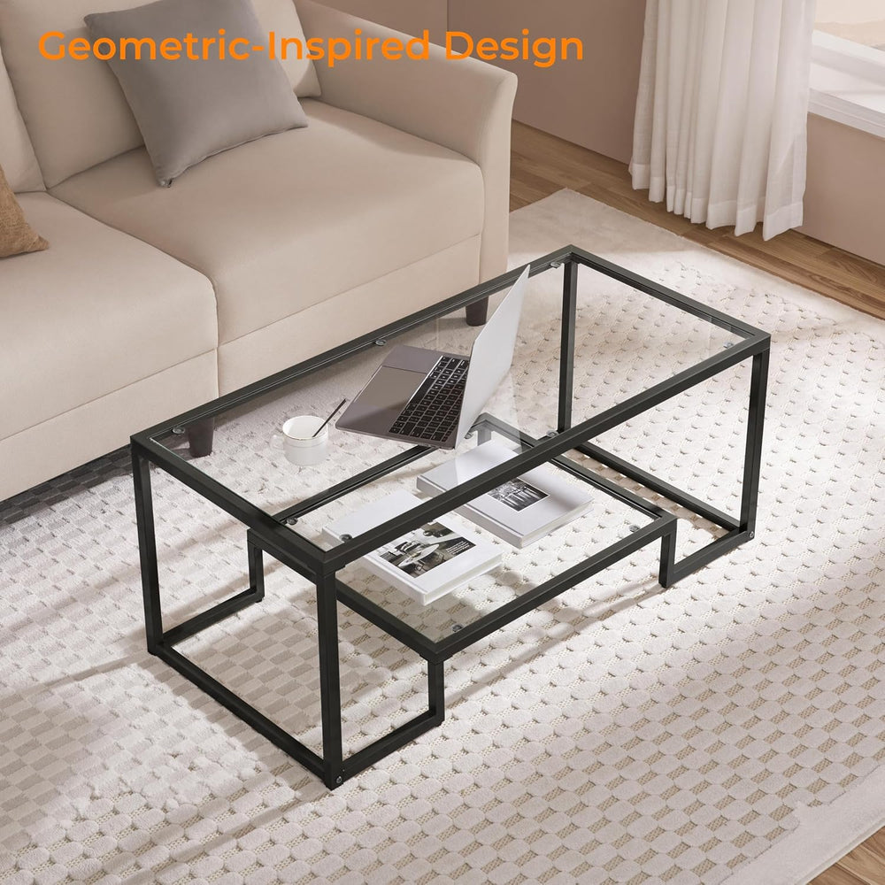 Yaheetech Glass Coffee Table for Living Room, 42" with Storage Shelf, Black