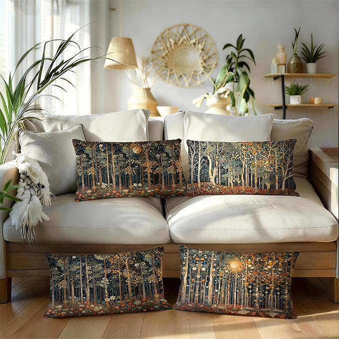 Rustic William Morris Inspired Forest Moon Pillow Covers 12x20 Set of 4 - Image 5
