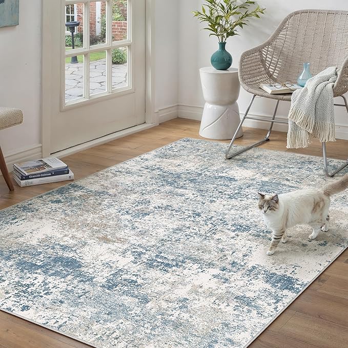 PureCozy Blue 4x6 Area Rug Washable Abstract Office Carpet Modern Neutral Non by PureCozy