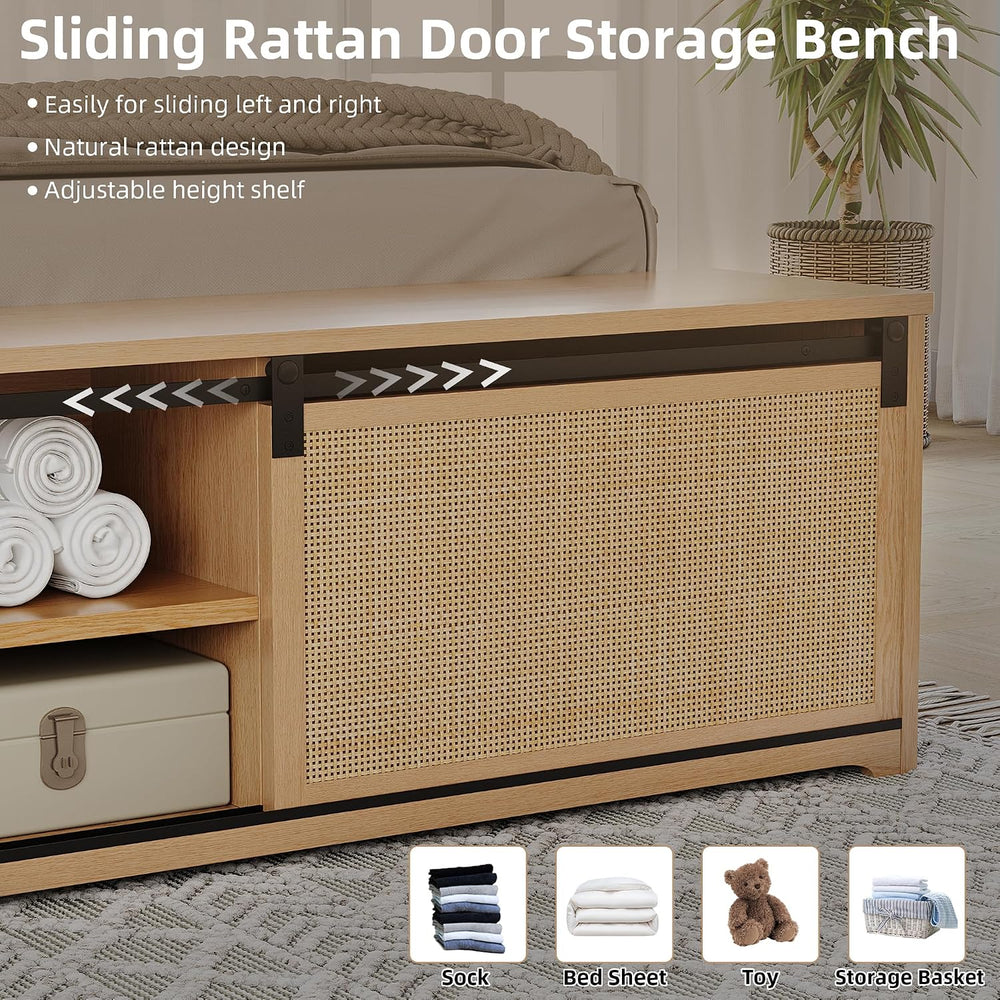 GarveeHome Natural Rattan Full Size Bed Frame with Storage Cabinets