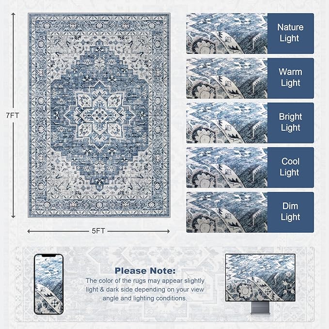 5x7 Area Rugs Living Room Rug: Washable Vintage Boho Medallion Rug No Slip - Image 2