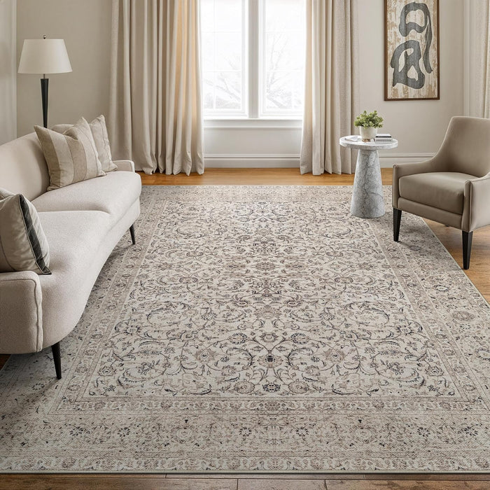 Traditional Beige & Off White Washable Area Rug with Border by Bloom Rugs