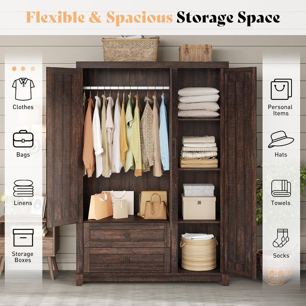 AMERLIFE Farmhouse 3 Door Wardrobe Closet with 2 Drawers & Hanging Rod