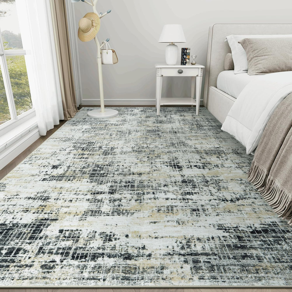 6x9 Washable Area Rug for Living Room Bedroom: Non-Slip Modern Black Gray