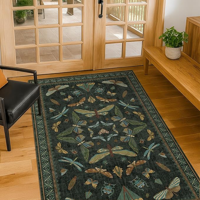 Dark Green Rug for Entryway Indoor- 3x6 Large Washable Kitchen Rug, Non Slip by HazoHaus