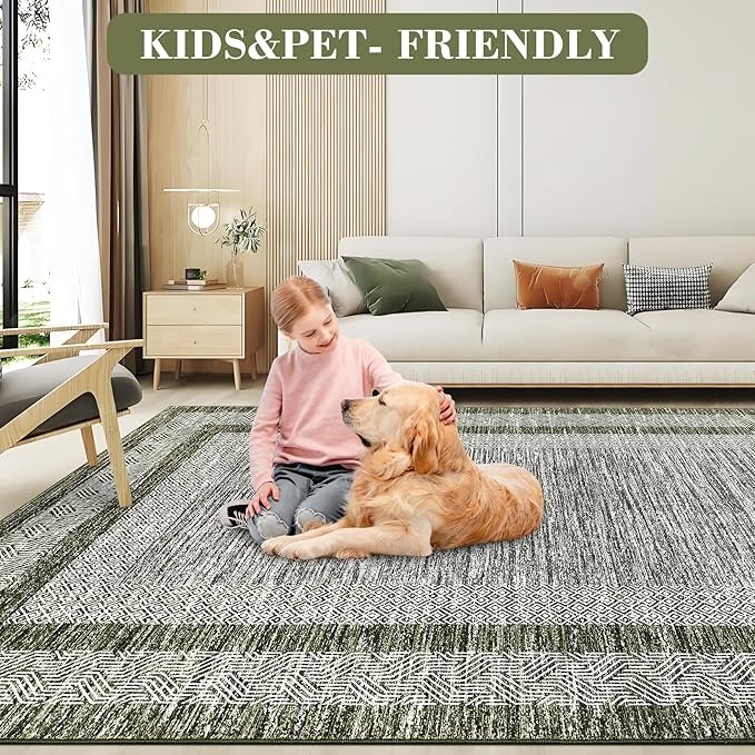 GarveeHome 9x12 Large Modern Green Area Rug Distressed Bordered Rug Soft Non - Image 5