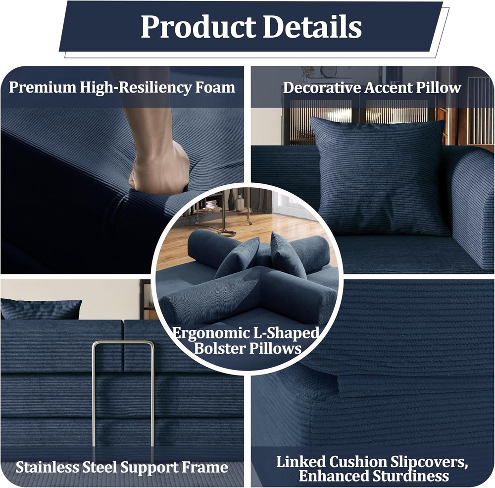 59'' Convertible Compressed Corduroy Folding Sofa Bed, Modern Boneles...