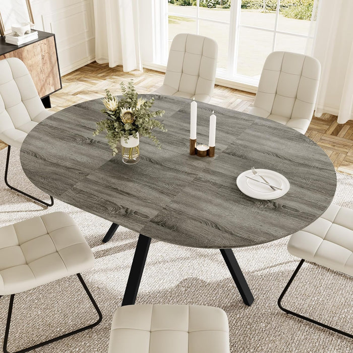 HIPIHOM Extendable Round Dining Table Set for 6 People, 43.3"-59.1" Extendable Kitchen Table with 6 Upholstered Chairs, Space Saving for Kitchen Dining Room (Grey Table+6 U-Shaped White Chairs)