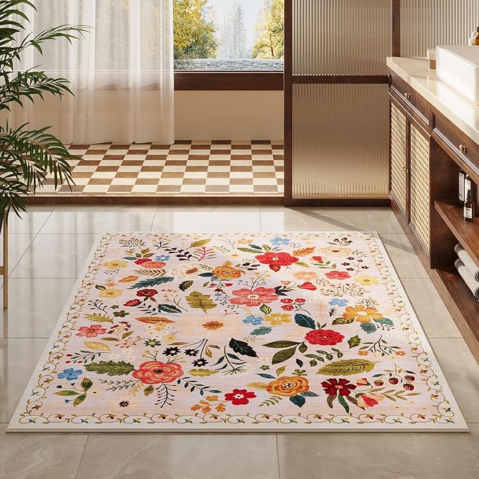 Rugcomf Area Rug 4x6 Rug Washable Boho Rugs Non Slip Low Pile Floral Small - Image 8