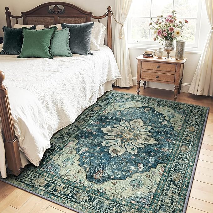 Area Rugs 5'x7' Washable Non-Slip, Floral Vintage Distress Print Pattern - Image 2