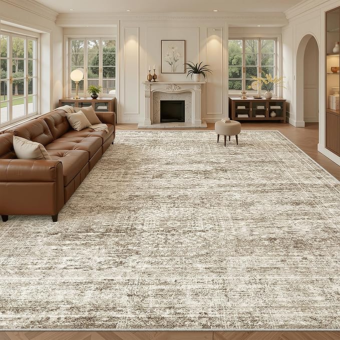 12x15 Washable Area Rug Brown Neutral Abstract Living Room Large Carpet Non by Soalmost