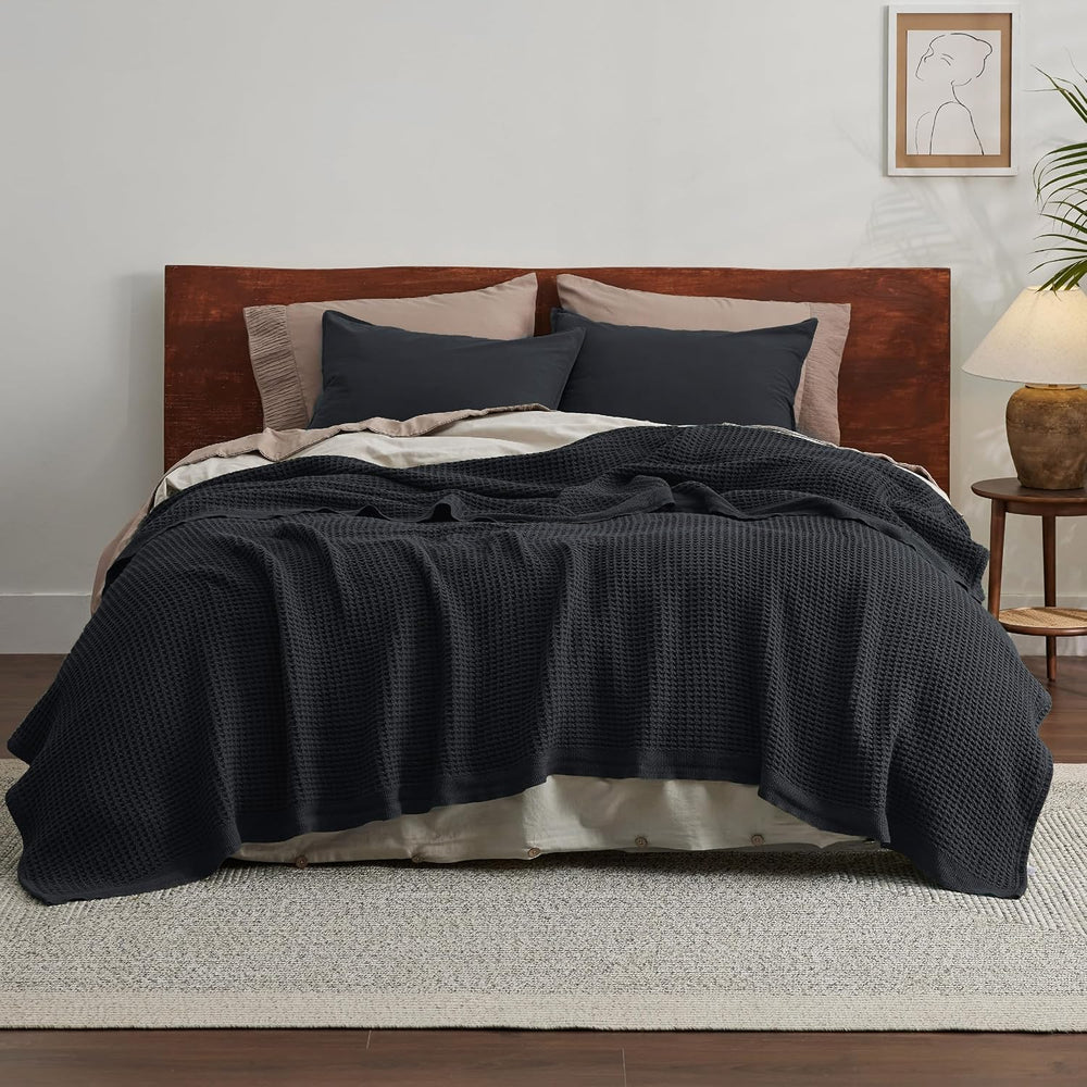 Bedsure 100% Cotton Blanket, Waffle Weave, Queen Size, Black, 90"x90"