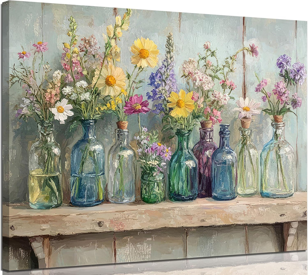 Farmhouse Flower Canvas Wall Art Wildflowers Bottles Wall Decor Rustic Plants...