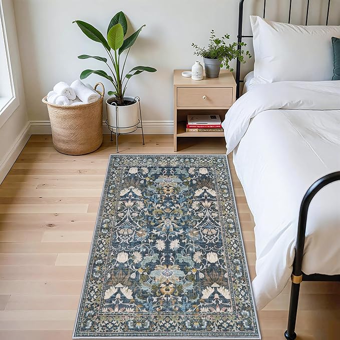 4x6 Living Room Area Rugs: Washable Boho Bedside Rugs Non Slip Low Pile Floral - Image 2