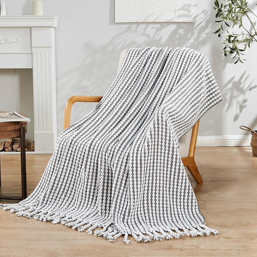 Striped Knit Throw Blanket with Braided Tassels 50" x 60", Hand Kni...