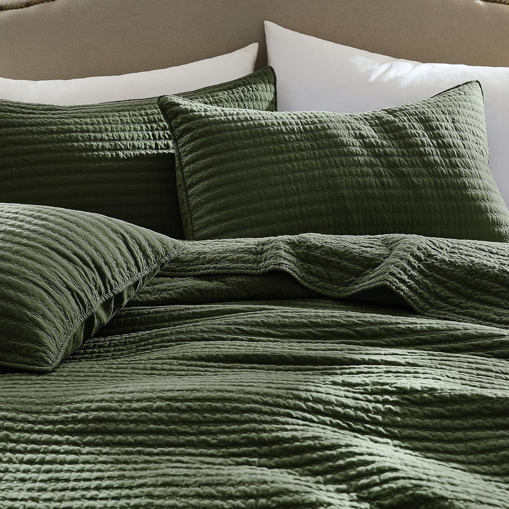 WDCOZY 100% Cotton King Size Quilt Set, Channel Pick Stitch, Olive Green