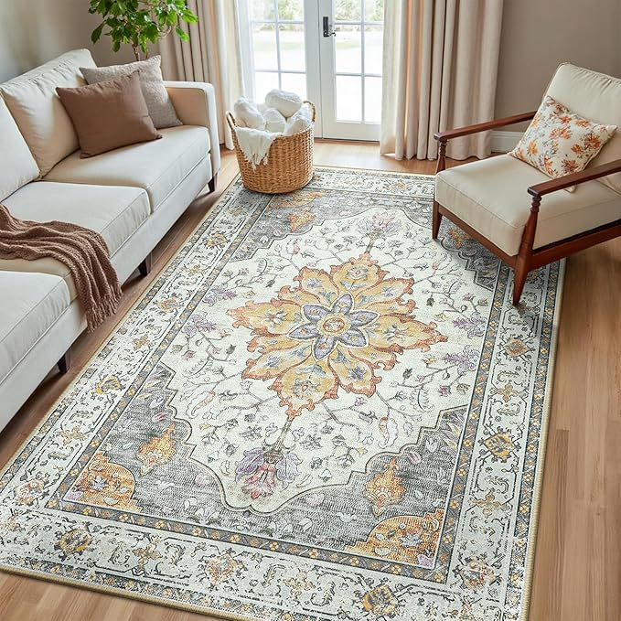 RELEANY Area Rugs 5'x8' Washable Non-Slip, Floral Vintage Distress Print by RELEANY