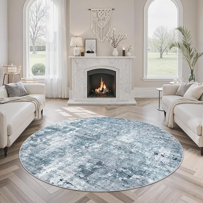 6x6 Blue/Grey Round Rug 6ft Living Room Circle Rug Vintage Round Area Rug Non by Soalmost
