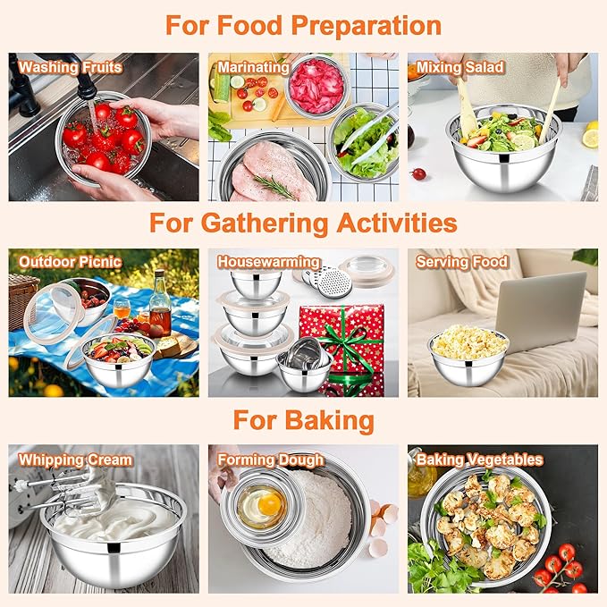 E-far Mixing Bowls Set of 5, Stainless Steel Salad Mixing Bowl - Image 6