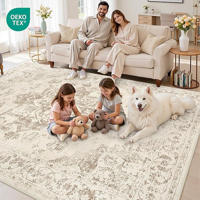 8x10 Area Rugs for Living Room: Vintage Boho Neutral Washable Rug Indoor Soft - Image 7