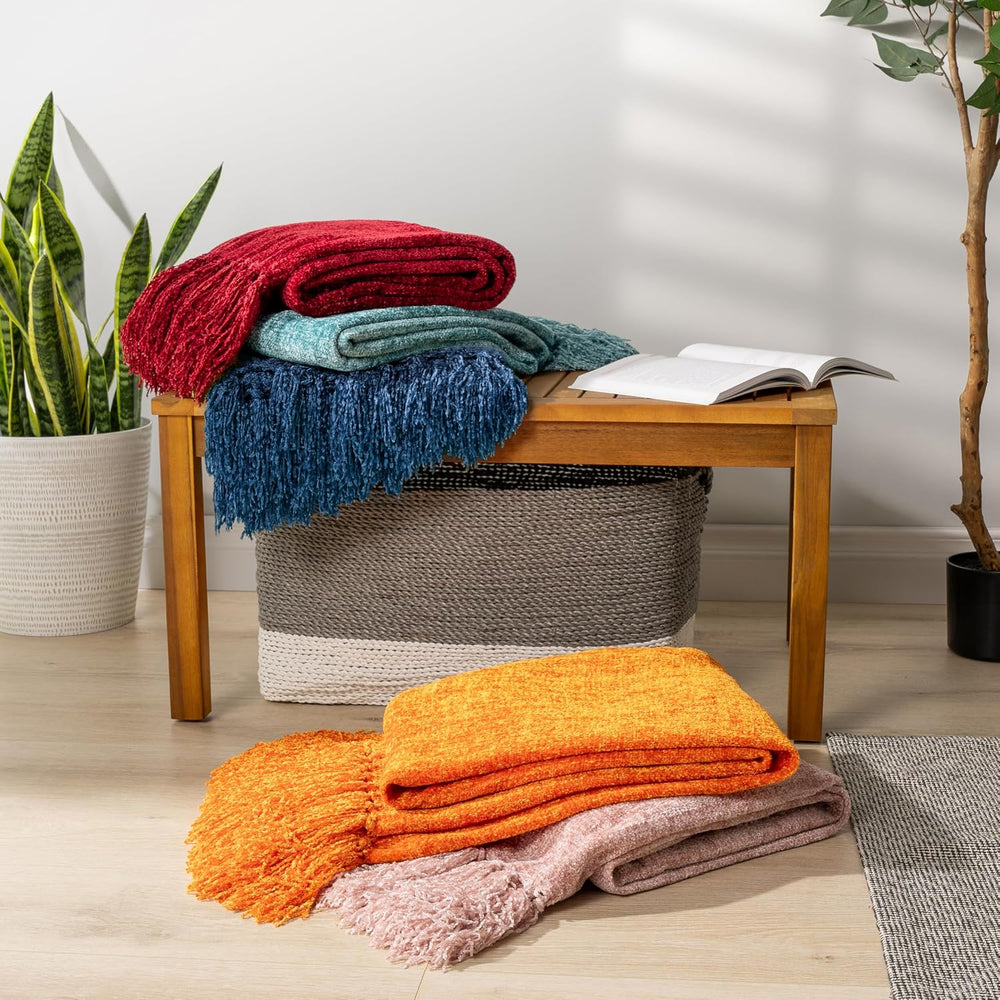 PAVILIA Chenille Throw Blanket, Knit Twin Size Tassel Throw, Yellow 60x80