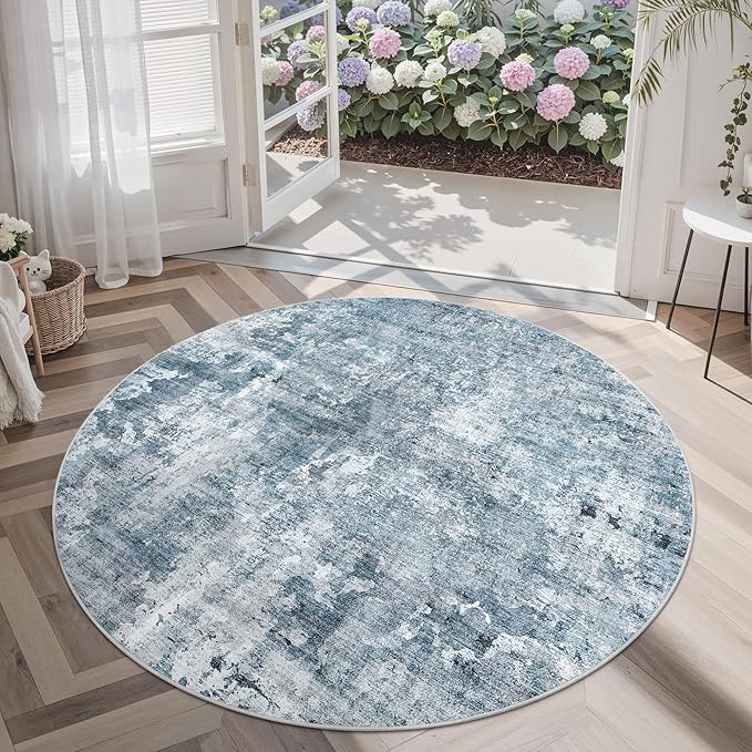 6x6 Blue/Grey Round Rug 6ft Living Room Circle Rug Vintage Round Area Rug Non - Image 4