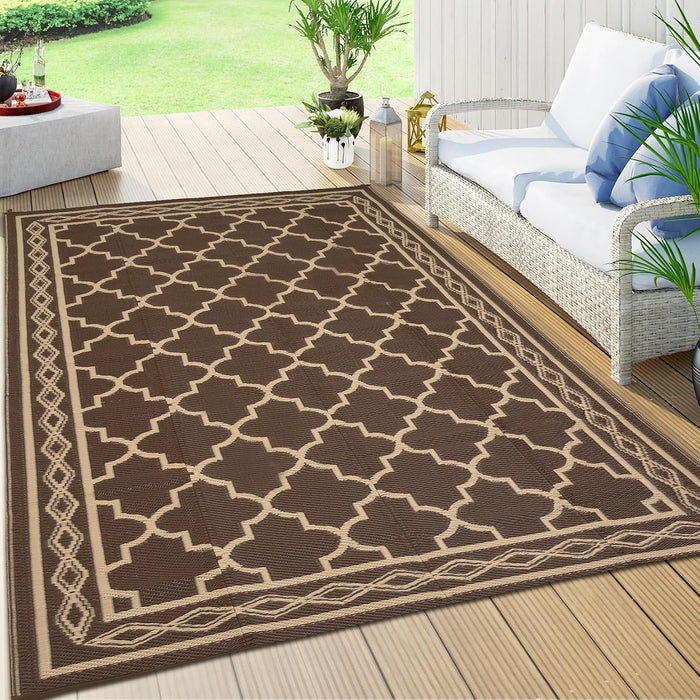 Waterproof 8'x 10' Outdoor Rug for Patio,Reversible Outdoor Plastic Straw Rugs for Camping Porch RV, UV-Resistant Area Rug Mat for Camper,Outside Rug for RV Deck Picnic Beach Balcony,Brown/Coffee