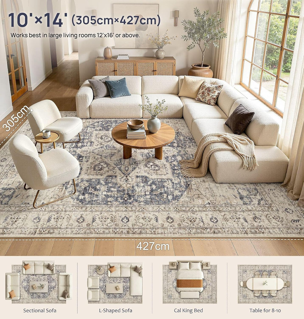 Tortania Area Rug 10x14 Living Room Rug Washable Soft Cream/Blue