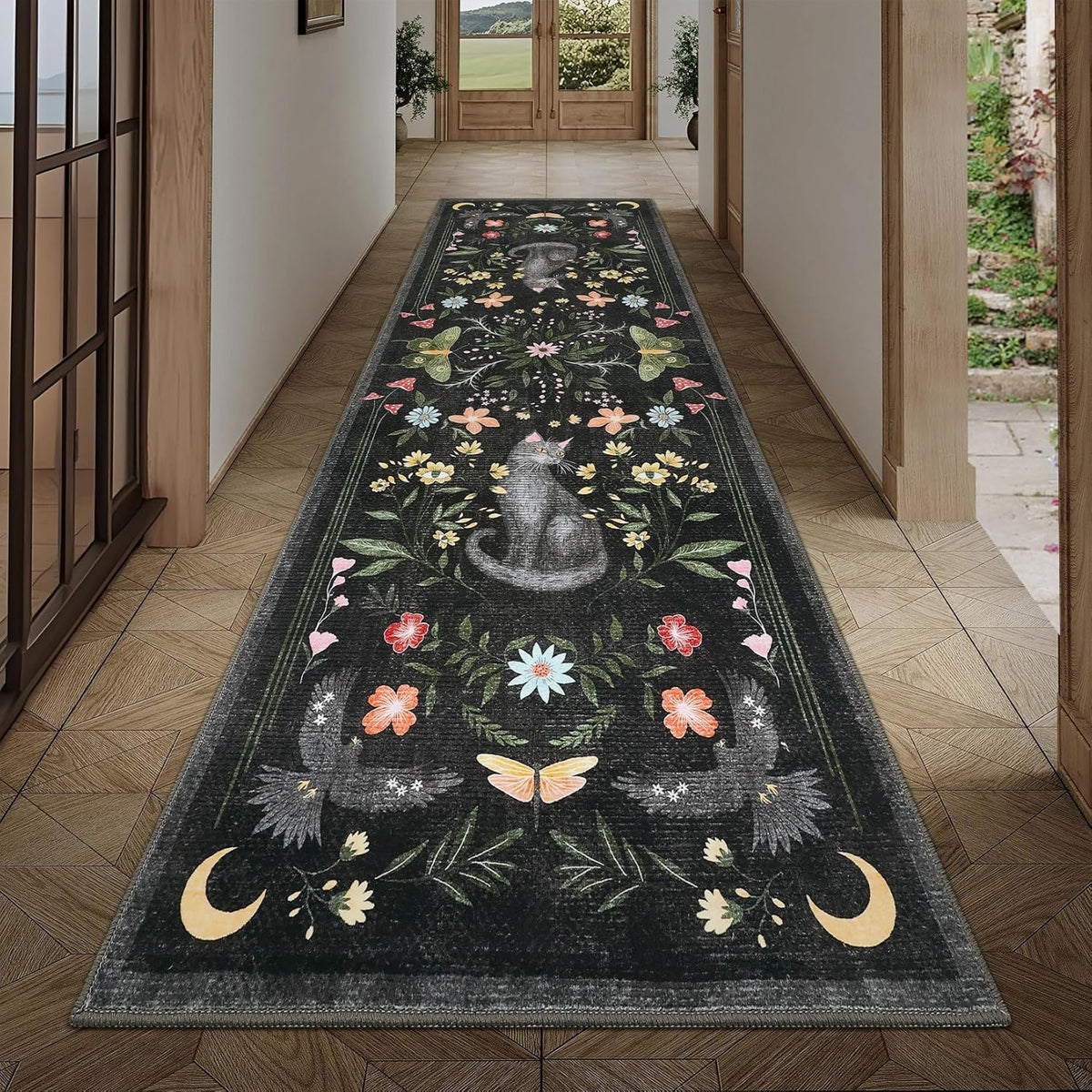 GarveeHome 2.5x8 Cat Washable Runner Rug for Hallway, Soft Black Long Kitchen Runner Non Slip Mushroom Insect Entryway Rug Floral Laundry Mat Stain Resistant Carpet for Bathroom Beside Rug