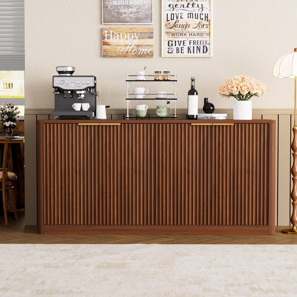 59" Fluted Buffet Sideboard Cabinet with Storage, Wooden 4-Door Sideboar...