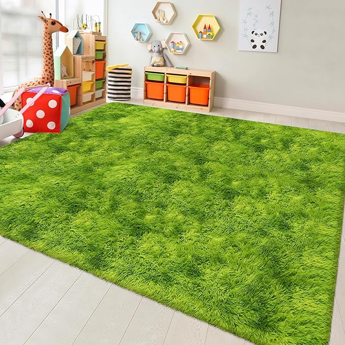 Green Tie-Dyed Rug for Living Room 8x10 Fluffy Area Rug Mat Bedside Throw Rug by JiaoBaba