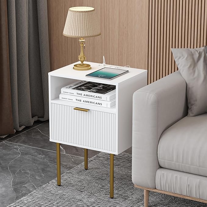 Modern Nightstand with Charging Station and LED Lights, White Bedside Table w...