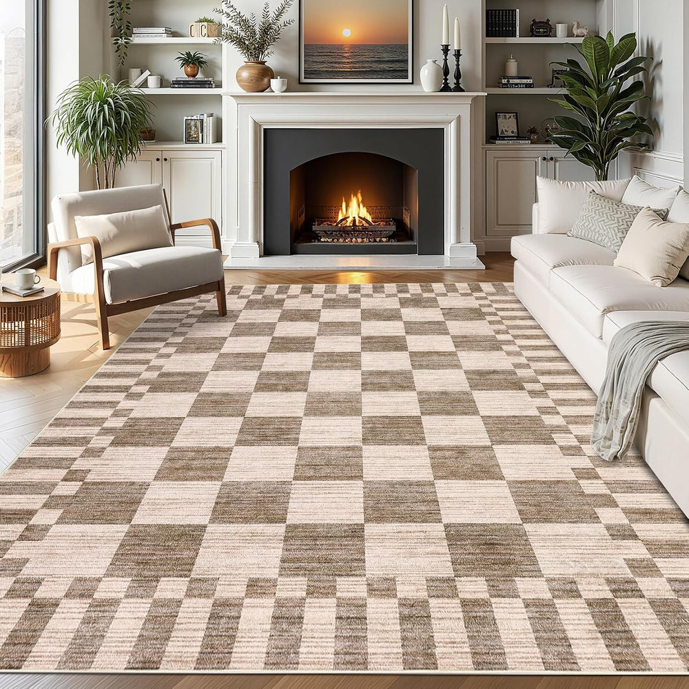 GarveeHome Brown Checkered Rug 5x7 Area Rugs Washable Living Room 5x7 Rug
